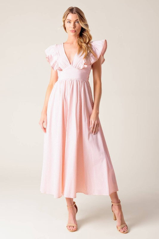 Vestido midi a rayas ivory-pink