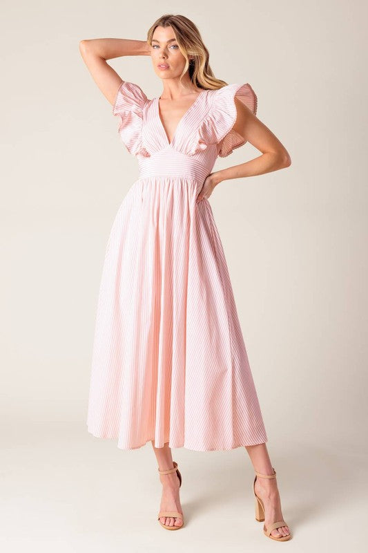 Vestido midi a rayas ivory-pink