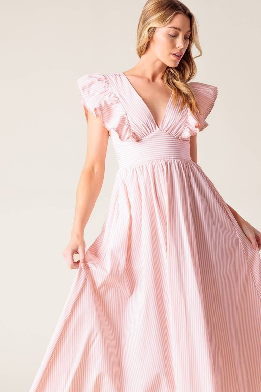 Vestido midi a rayas ivory-pink