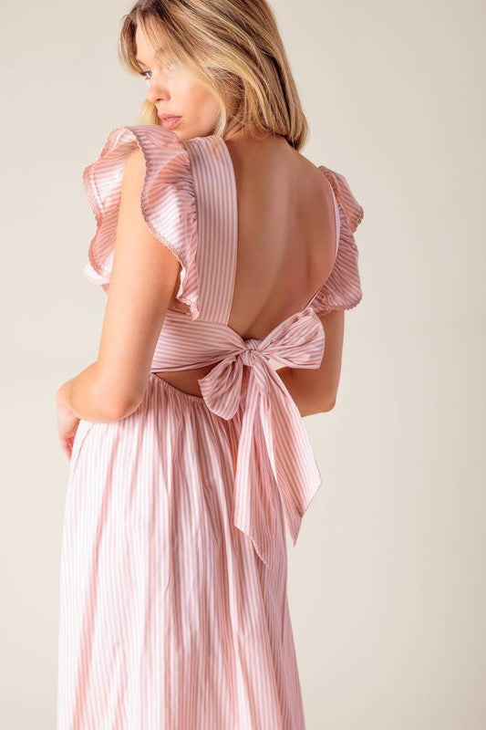 Vestido midi a rayas ivory-pink