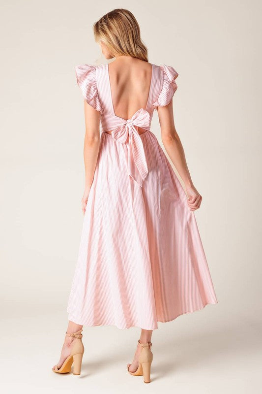 Vestido midi a rayas ivory-pink