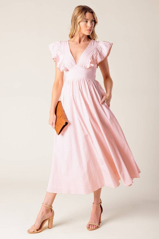 Vestido midi a rayas ivory-pink