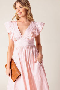 Vestido midi a rayas ivory-pink