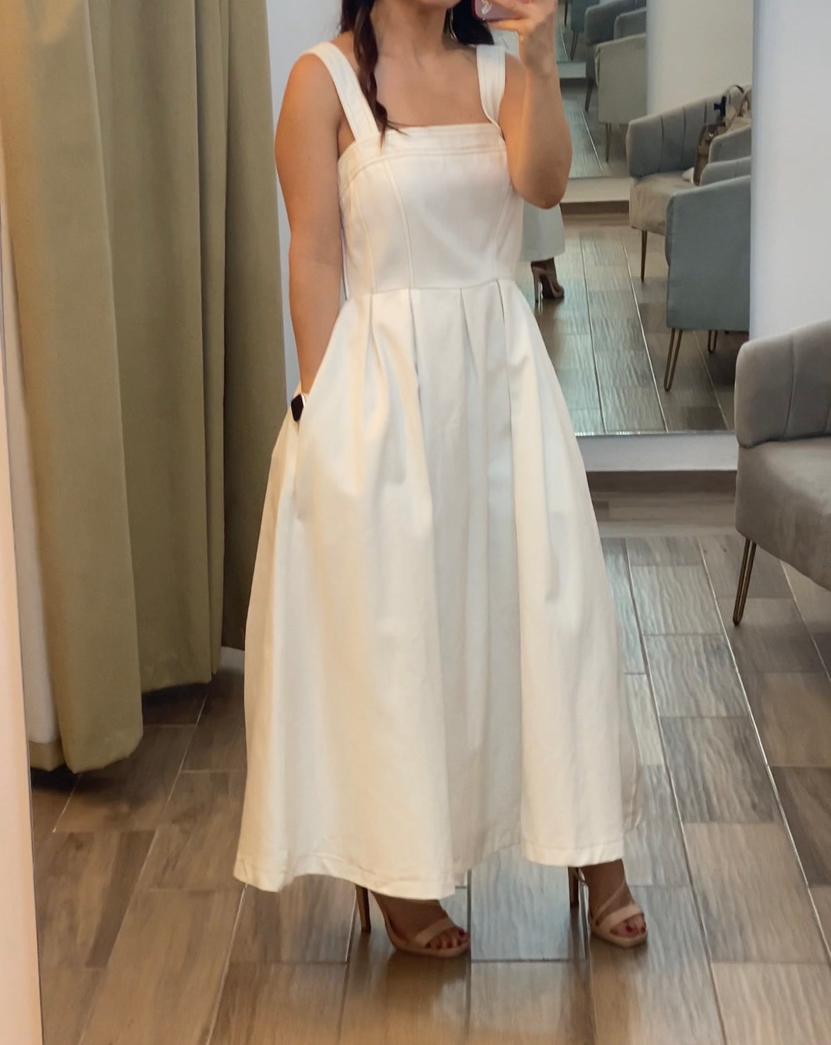 Vestido midi escote recto mezclilla blanco