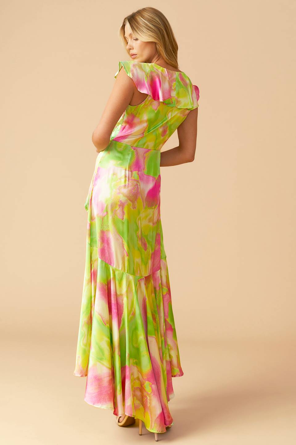 Vestido maxi estampado lima/rosa