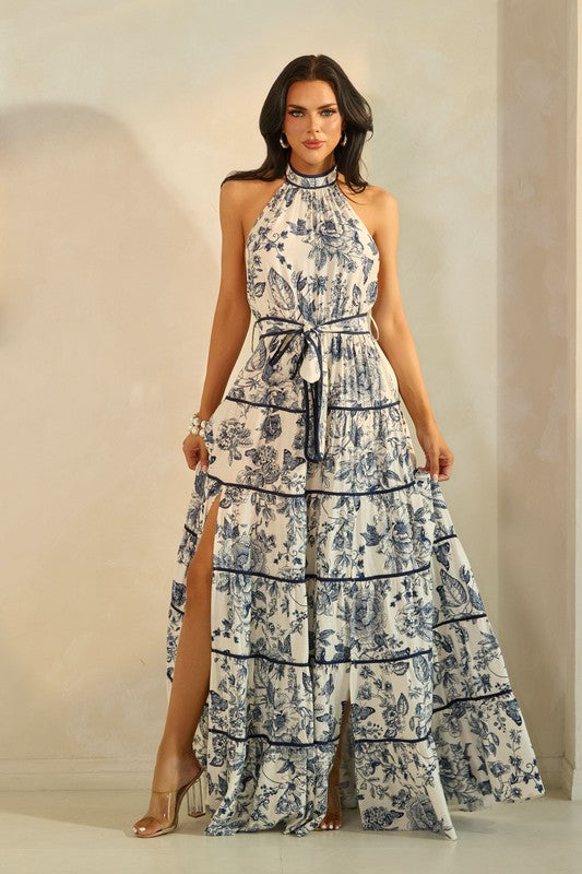 Vestido maxi halter floreado Navy