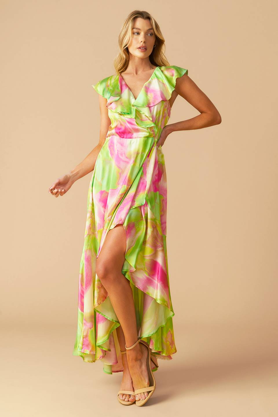 Vestido maxi estampado lima/rosa