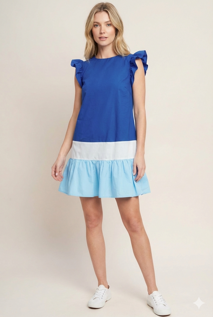 Vestido corto azul con bloques de color