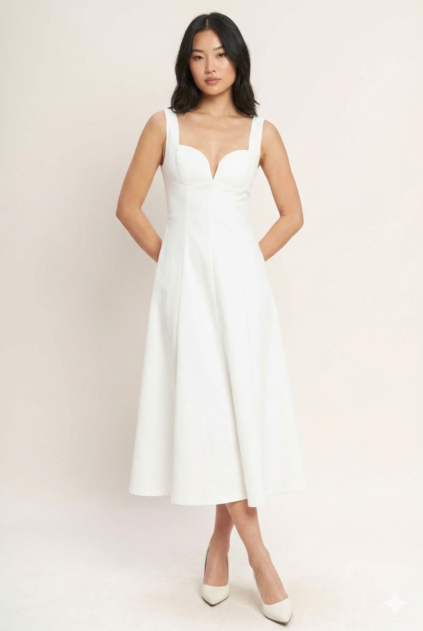 Vestido midi blanco con escote corazón