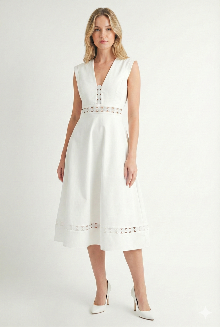 Vestido midi blanco bordado sin mangas
