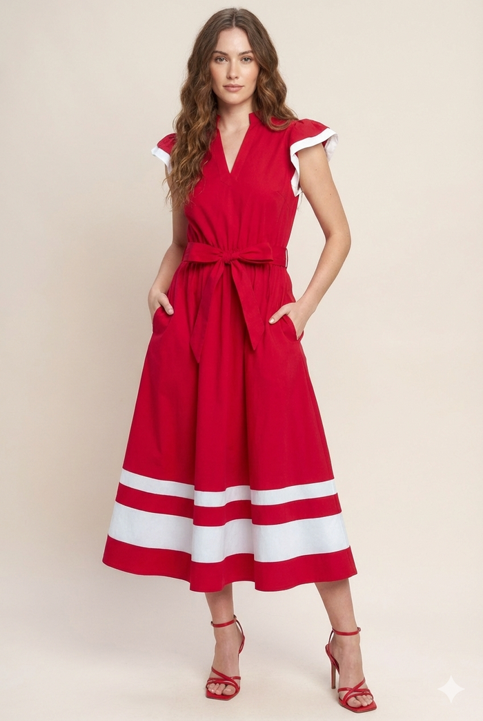 Vestido midi rojo con bloques de color 100% algodón