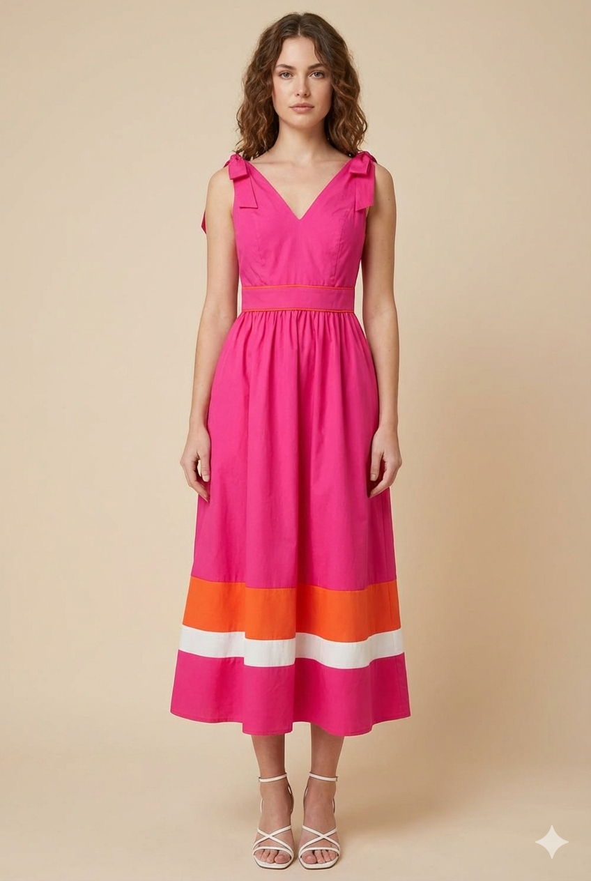 Vestido midi fucsia con bloques de color 100% algodón