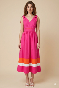 Vestido midi fucsia con bloques de color 100% algodón