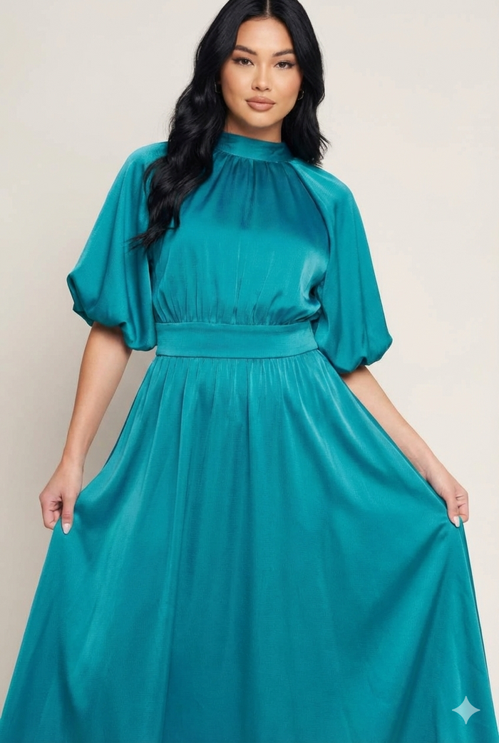 Vestido midi turquesa con tirantes en cuello