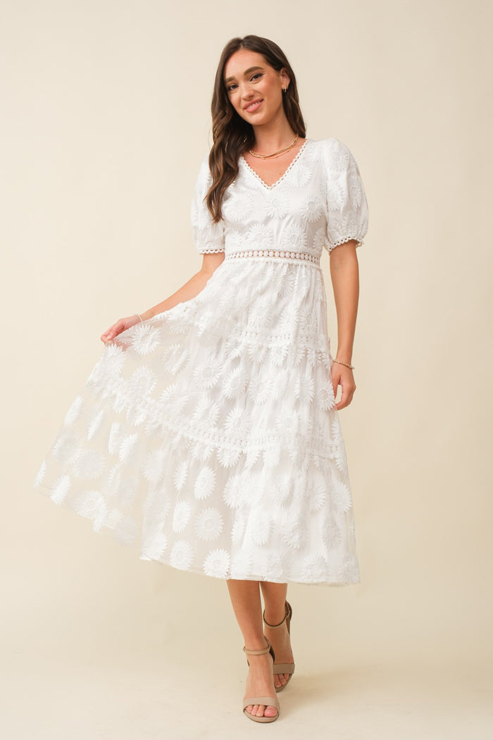 Vestido encaje cuello V Blanco
