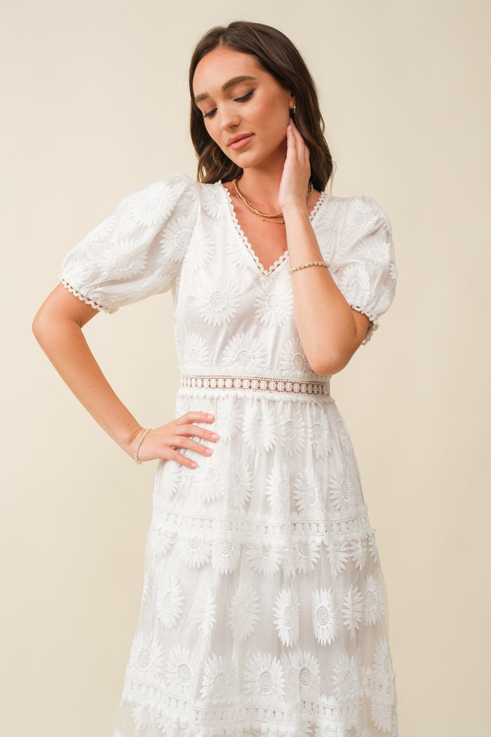 Vestido encaje cuello V Blanco