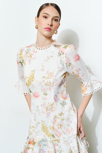 Vestido corto floral ivory con encaje romance