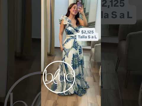 Vestido maxi un hombro ruffle azul y blanco