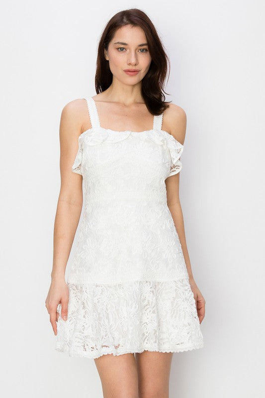 Vestido corto de encaje con tirantes Blanco