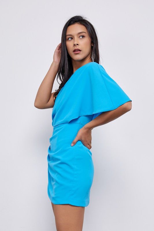 Vestido corto un hombro azul
